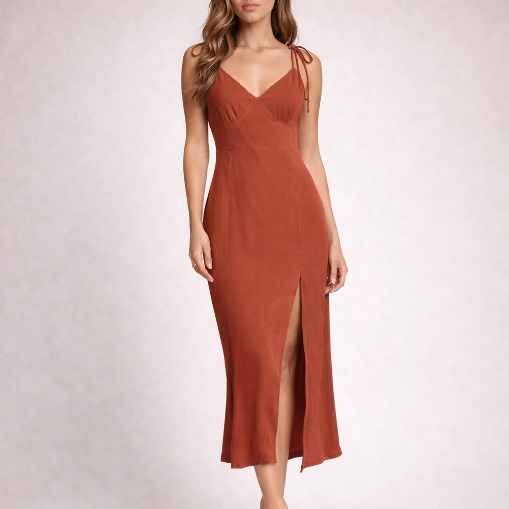 Abercrombie & Fitch Rust Red Slip Midi Dress Tie Straps Slit | Size L | NWT